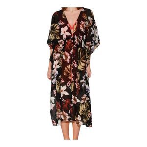 Walter Baker Tulum Kimono Duster Midi Cover Up Black Floral Multi OS $198 NWT‎